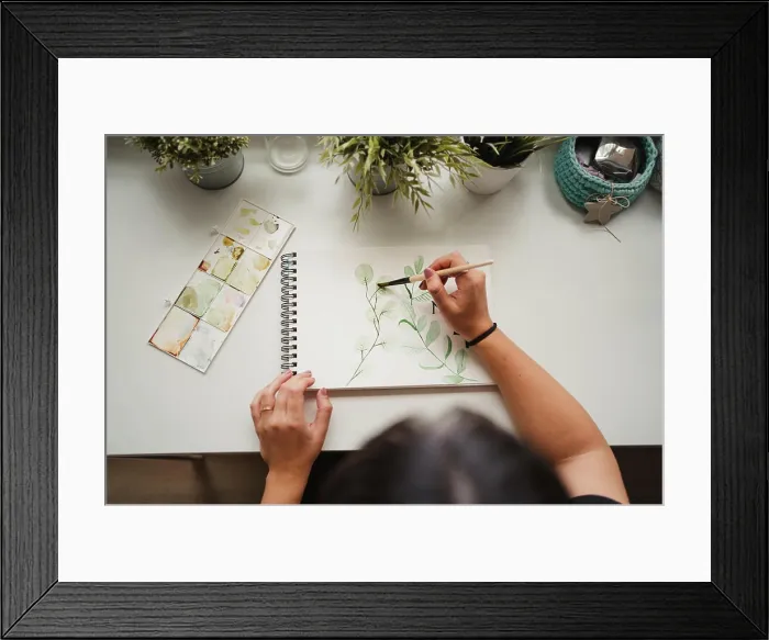 Framed Print : Crop from above view of unrecognizable woman drawing picture with watercolors at home in Paris Framed Print : Crop from above view of unrecognizable woman drawing picture with watercolors at home in Paris