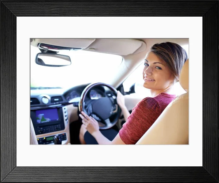 Framed Print : Portrait, driving and happy woman on morning commute Framed Print : Portrait, driving and happy woman on morning commute