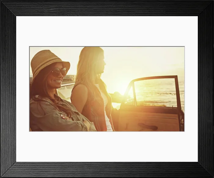 Framed Print : Travel, friends and beach sunset by car for road trip fun
