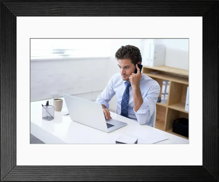 Framed Print : Businessman, working and laptop in phone call with client for feedback and update to discuss terms