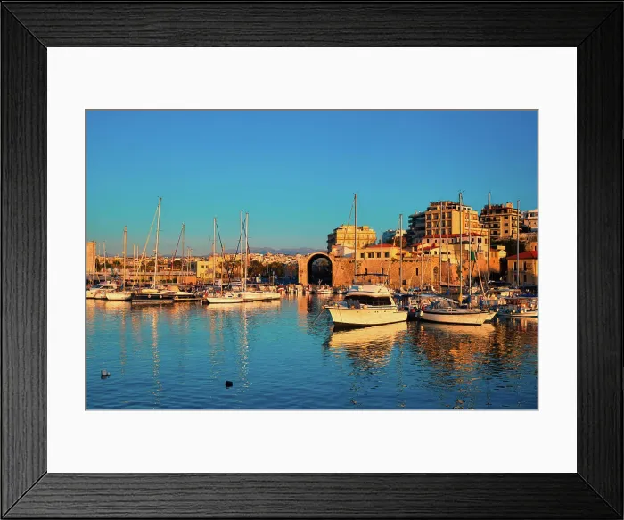 Framed Print : Venetian Fort castle in Heraklion and moored fishing boats, Crete Island, Greece on sunset