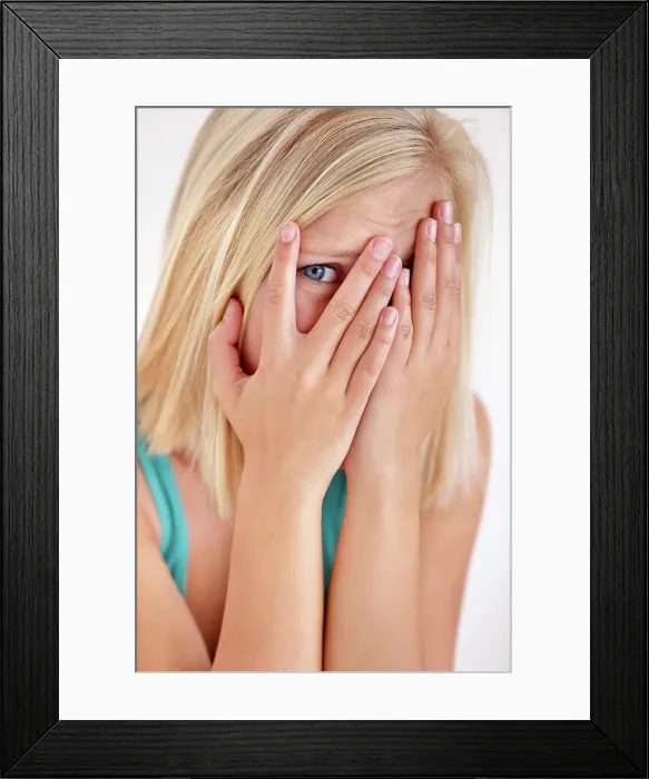 Framed Print : Scared, portrait and woman with hands on face Framed Print : Scared, portrait and woman with hands on face