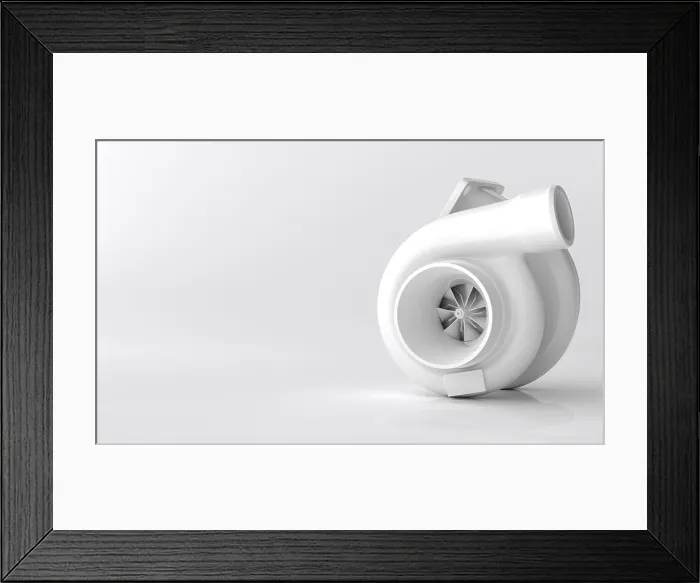 Framed Print : Off-Center view of 3D Rendered Turbocharger Illustraion in a glossy white finish over clean background Framed Print : Off-Center view of 3D Rendered Turbocharger Illustraion in a glossy white finish over clean background
