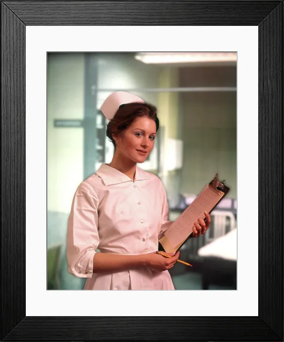 Framed Print : 1980S Nurse White Uniform Cap Clip Board Pencil Hospital Corridor Nurses Medical