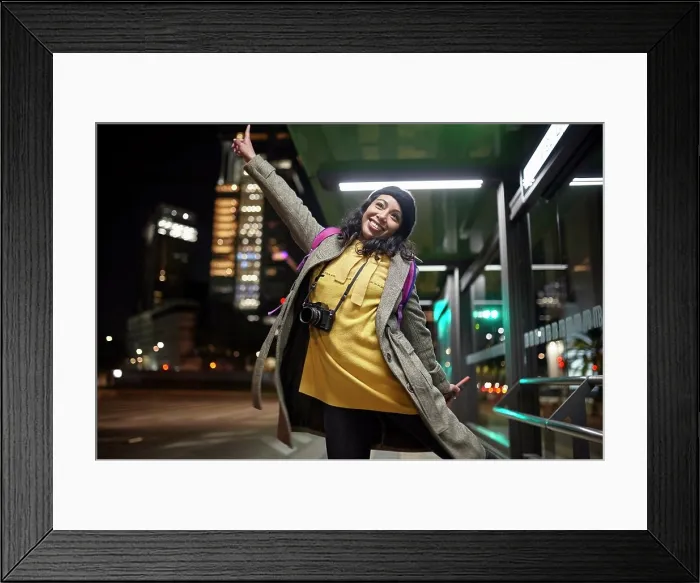 Framed Print : smiling woman calling a Taxi in the streets of Mexico city Framed Print : smiling woman calling a Taxi in the streets of Mexico city