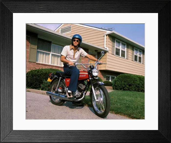Framed Print : 1970S Young Man Blue Helmet Sitting On Motorcycle In Driveway Suburban House Bike Motorcycles Men Framed Print : 1970S Young Man Blue Helmet Sitting On Motorcycle In Driveway Suburban House Bike Motorcycles Men