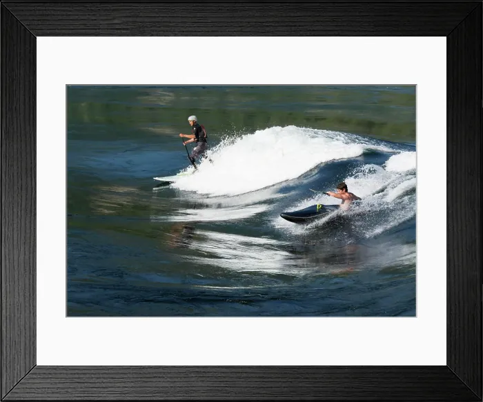 Framed Print : Whitewater kayaker and stand up paddleboarder on flood tide at Skookumchuck Narrows