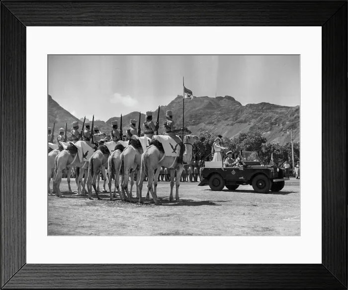 Framed Print : Royal Visit To Aden - Queen Inspects Aden Camel Corps -- H Framed Print : Royal Visit To Aden - Queen Inspects Aden Camel Corps -- H