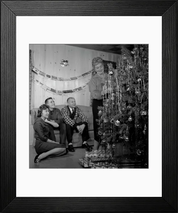 Framed Print : Family preparing Christmas tree in living room Framed Print : Family preparing Christmas tree in living room