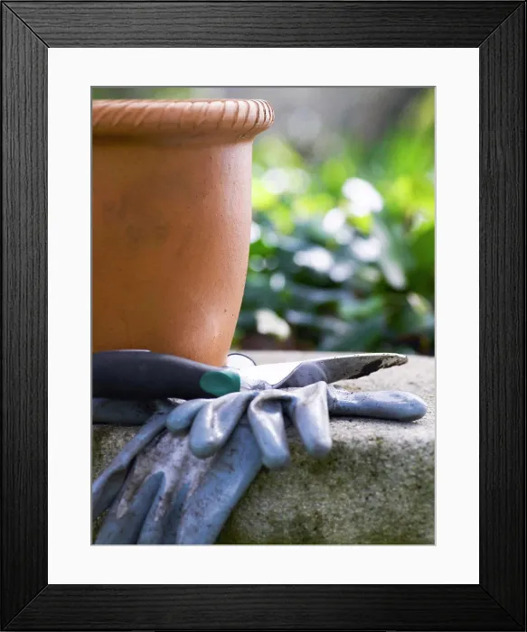 Framed Print : Terracotta pot, spade and garden gloves ready for gardening Framed Print : Terracotta pot, spade and garden gloves ready for gardening