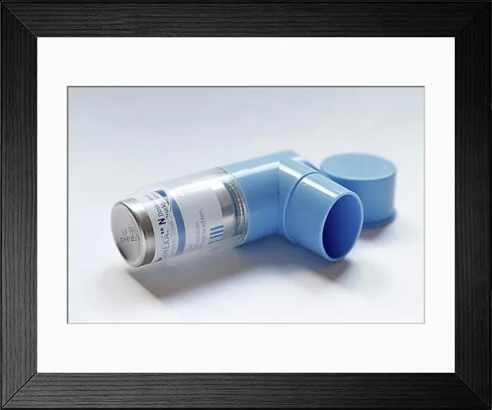 Framed Print : Symbolic image, asthma spray, inhaler with the drug Salbuhexal N on white background, Germany, Europe Framed Print : Symbolic image, asthma spray, inhaler with the drug Salbuhexal N on white background, Germany, Europe