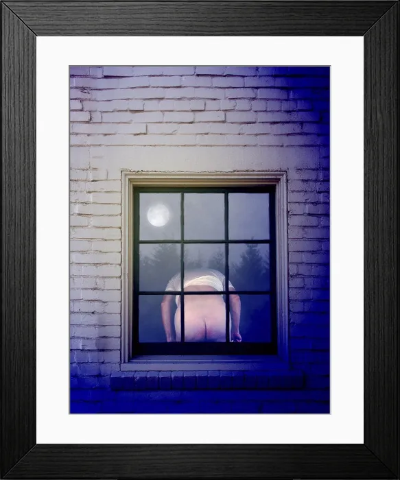 Framed Print : Rear view of a man mooning in the window of a house