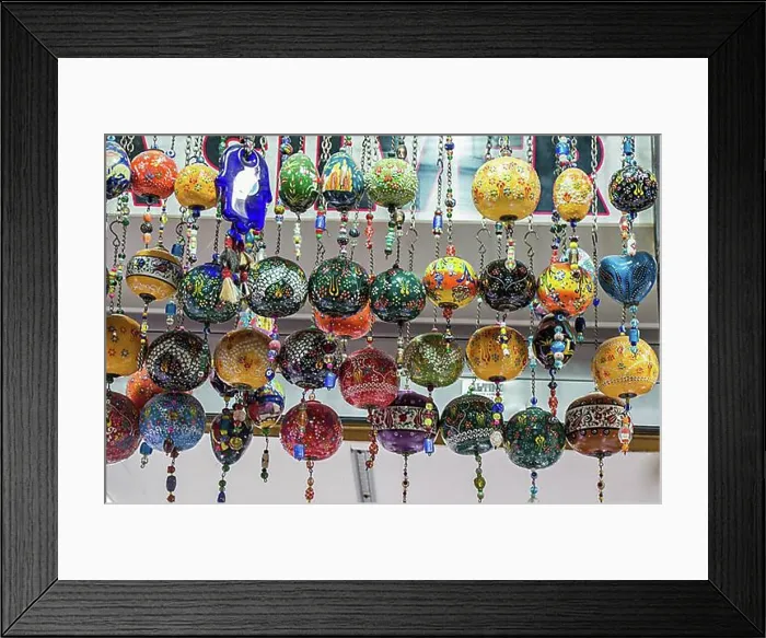 Framed Print : Colorful turkish ceramic balls as souvenirs at street market