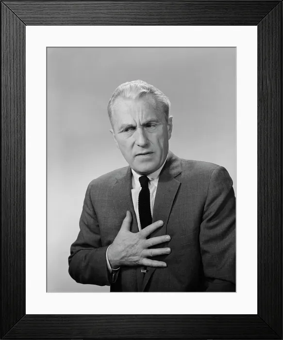 Framed Print : 1960S Older Man Hand To Stomach Upset Nauseous Worried Facial Expression Framed Print : 1960S Older Man Hand To Stomach Upset Nauseous Worried Facial Expression
