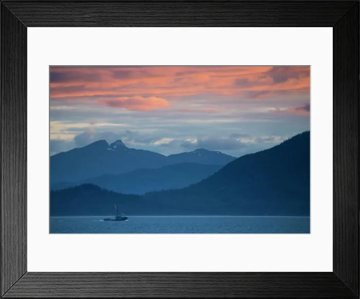 Framed Print : Fishing boat at sunset in Stephens Passage, Alaska, USA; Inside Passage, Alaska, United States of America Framed Print : Fishing boat at sunset in Stephens Passage, Alaska, USA; Inside Passage, Alaska, United States of America
