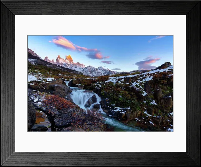 Framed Print : Mount Fitz Roy and waterfall at sunrise in Autumn, El Chalten, Patagonia, Argentina