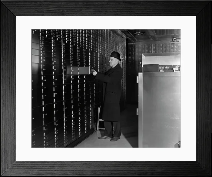Framed Print : 1940S Bank Safety Deposit Man Suit Hat Finance
