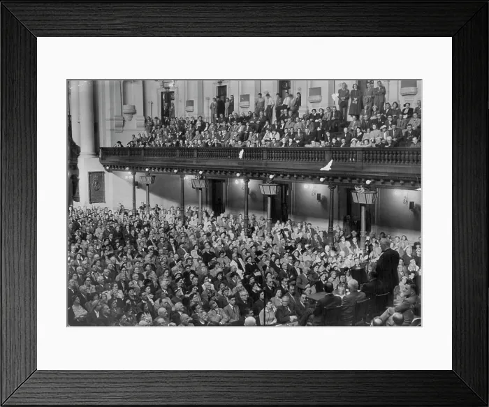 Framed Print : At right the PM addressing the crowded Town Hall at his lunch-hour meeting today Framed Print : At right the PM addressing the crowded Town Hall at his lunch-hour meeting today