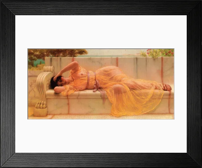 Framed Print : Woman laying on marble bench by Sir Lawrence Alma-Tadema, Oil on canvas, 1901, 1836-1912, Private Collection, 61x30, 5 Framed Print : Woman laying on marble bench by Sir Lawrence Alma-Tadema, Oil on canvas, 1901, 1836-1912, Private Collection, 61x30, 5