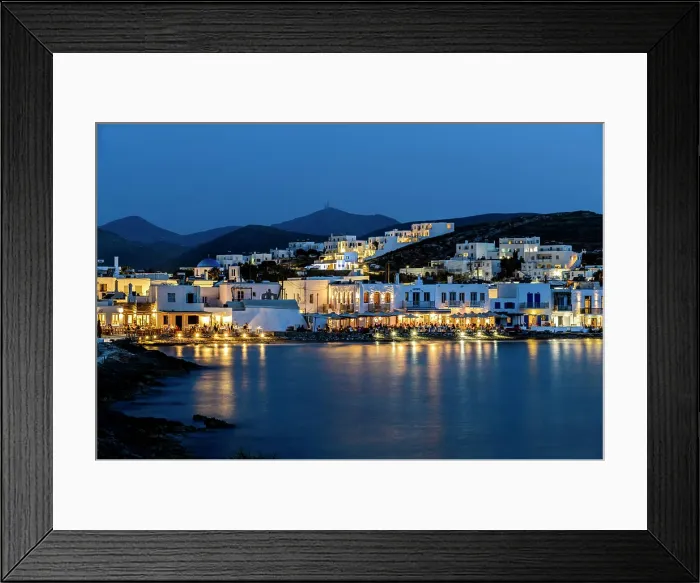 Framed Print : Patios and restaurants at the edge of the water in Naousa on Paros, Greece Framed Print : Patios and restaurants at the edge of the water in Naousa on Paros, Greece