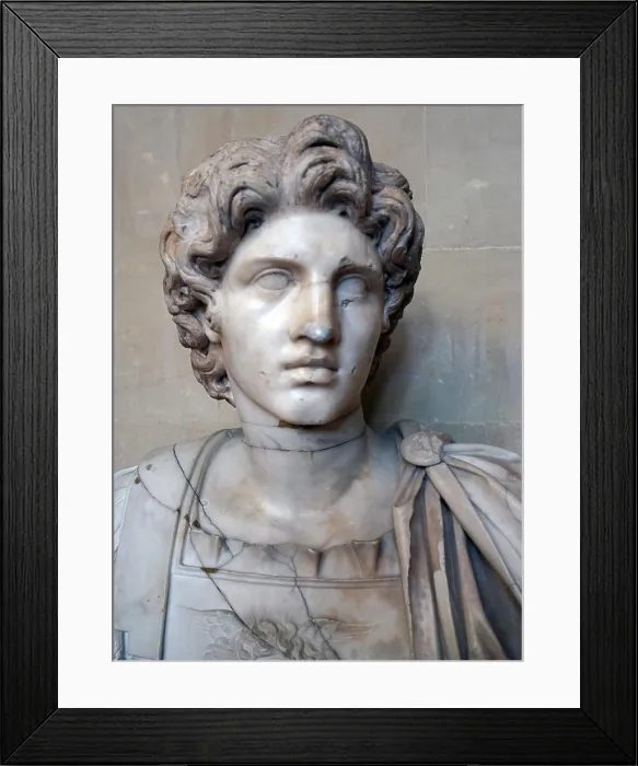 Framed Print : Marble bust of Alexander the Great (356-323 BC), English 18th century copy, of a Greek or Roman original Framed Print : Marble bust of Alexander the Great (356-323 BC), English 18th century copy, of a Greek or Roman original