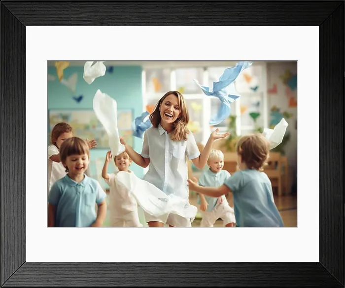 Framed Print : Kindergarten, children playing happily with kindergarten aunt having fun, AI generated Framed Print : Kindergarten, children playing happily with kindergarten aunt having fun, AI generated