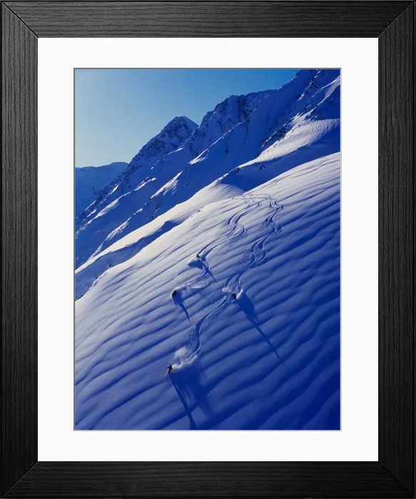 Framed Print : Mike Overcast, Jill Curtis and Dawn Gerety skiing and Warren Rowe snowboarding through great powder on the Skookum Run Framed Print : Mike Overcast, Jill Curtis and Dawn Gerety skiing and Warren Rowe snowboarding through great powder on the Skookum Run