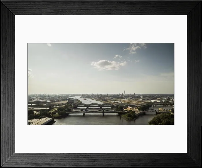 Framed Print : Sunny scenic view Hamburg and bridges over Elbe River, Germany Framed Print : Sunny scenic view Hamburg and bridges over Elbe River, Germany