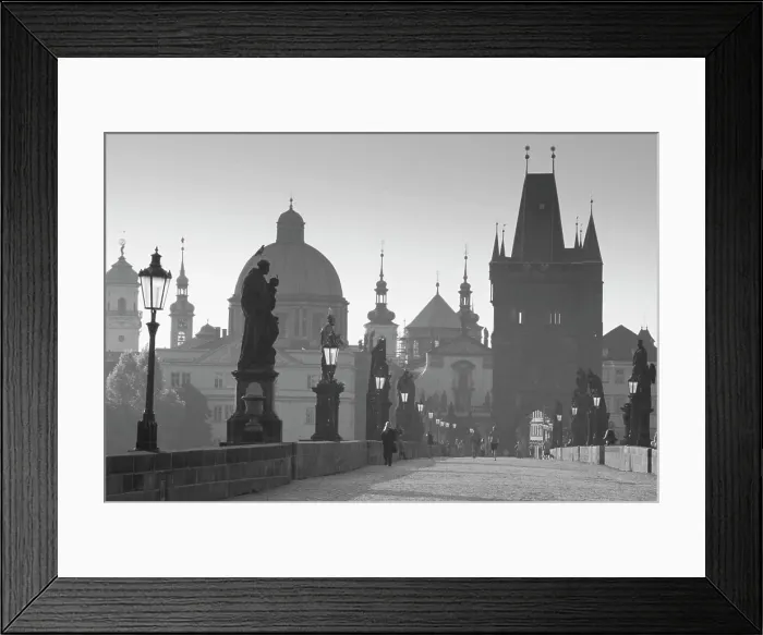 Framed Print : Czech Republic, Prague. Dawn view of Charles Bridge, Bridge Tower and old town buildings