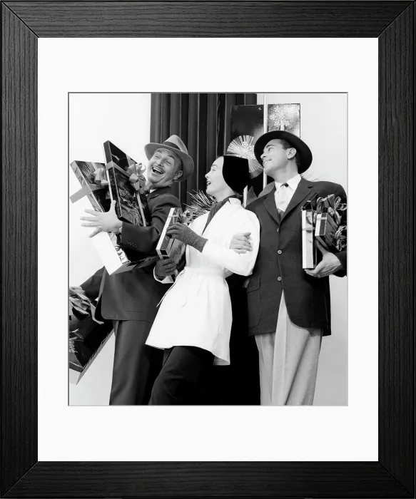 Framed Print : 1950S Joyous Laughing Woman And Two Men Carrying Christmas Gifts Framed Print : 1950S Joyous Laughing Woman And Two Men Carrying Christmas Gifts