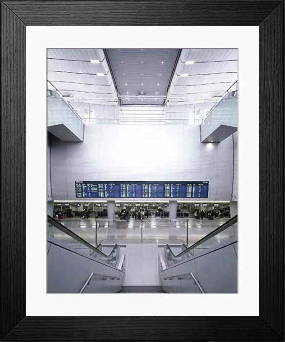 Framed Print : kowloon mtr building terry farrell and partners. december 1999. portrait interior down escalator to main loby
