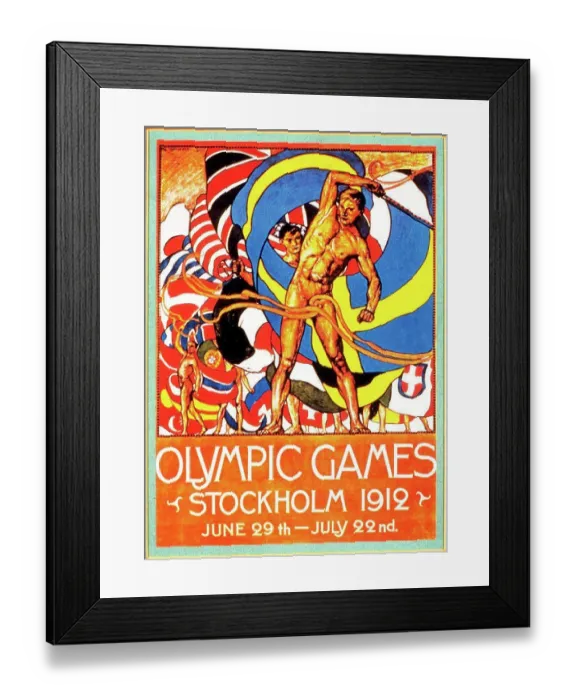 Framed Print : Colour poster advertising the Stockholm Olympic Games. Dated 1912