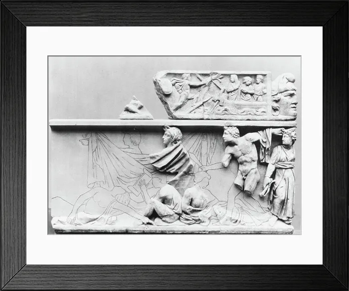 Framed Print : Fragmentary marble sarcophagus with scenes from the Oresteia mid-2nd century A Framed Print : Fragmentary marble sarcophagus with scenes from the Oresteia mid-2nd century A