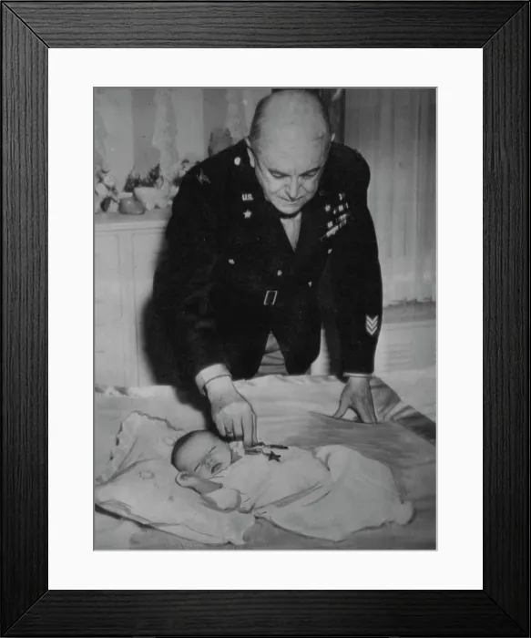 Framed Print : Six Weeks Old Base Gets Father's Medals - Col Framed Print : Six Weeks Old Base Gets Father's Medals - Col