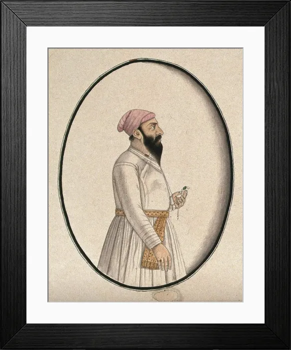 Framed Print : A Mughal courtier wearing a pink turban and holding an ornament (). Watercolour drawing by an Indian artist Framed Print : A Mughal courtier wearing a pink turban and holding an ornament (). Watercolour drawing by an Indian artist