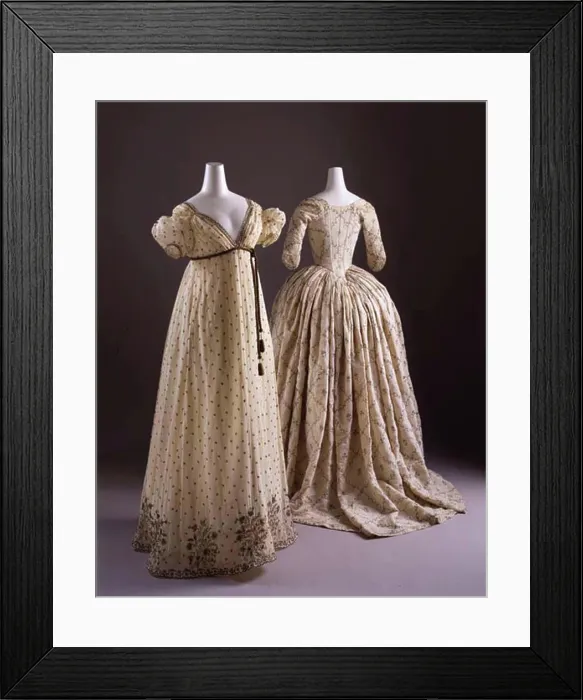 Framed Print : Evening dress ca. 1810 French Cotton emerged as a fashionable fabric in the 1780s with the chemise à la reine Framed Print : Evening dress ca. 1810 French Cotton emerged as a fashionable fabric in the 1780s with the chemise à la reine