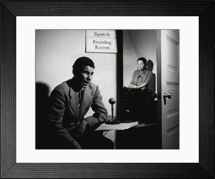 Framed Print : In adjoining room, Dr. Lois Rossignol records student's voice Framed Print : In adjoining room, Dr. Lois Rossignol records student's voice