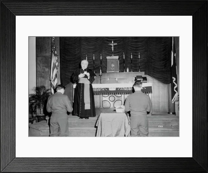 Framed Print : His Eminence Francis Cardinal Spellman offers a prayer following mass in the Finance Building Chapel
