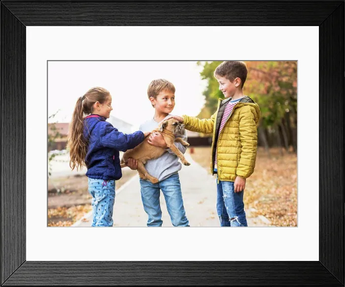 Framed Print : Children playing with dog outdoors