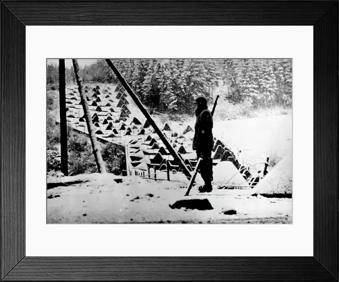 Framed Print : Snow Scene Along The Siegfried Line - An American sentry stands guard along the Siegfried Line in Germany after Framed Print : Snow Scene Along The Siegfried Line - An American sentry stands guard along the Siegfried Line in Germany after