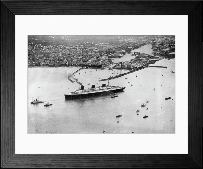 Framed Print : Giant Liner Leaves Port -- An aerial view of the giant giant liner Normandie as she left St Framed Print : Giant Liner Leaves Port -- An aerial view of the giant giant liner Normandie as she left St