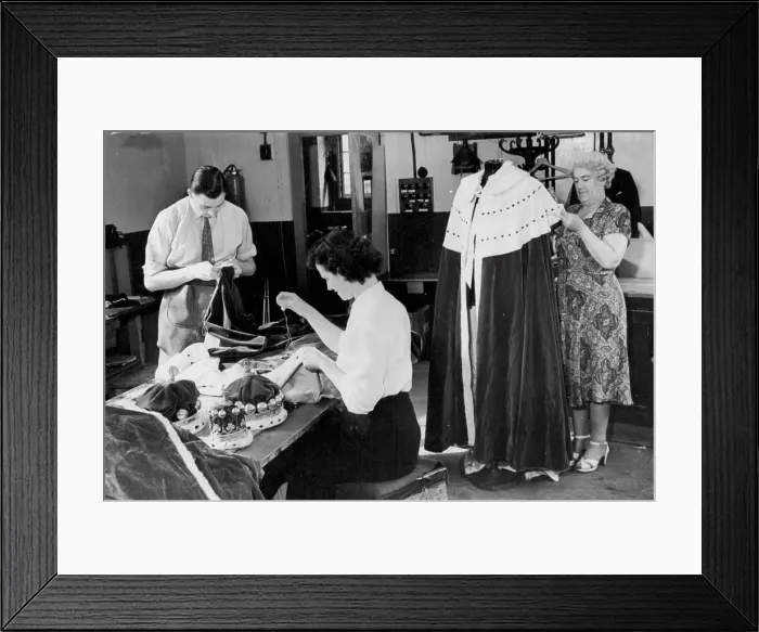 Framed Print : Preparing For The Coronation Working on the collar of a Viscount's robe is Mary McGetting (nearest camera) while Reg Framed Print : Preparing For The Coronation Working on the collar of a Viscount's robe is Mary McGetting (nearest camera) while Reg