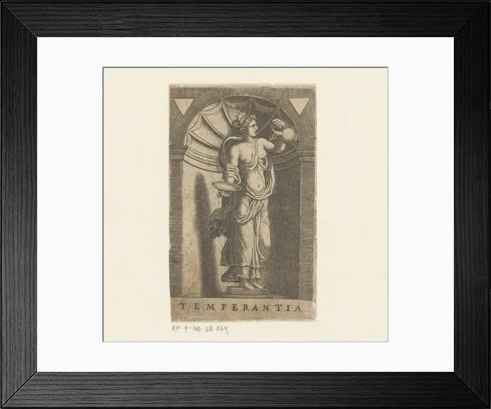 Framed Print : Matigheid; Temperantia.Virtence female personification (Temperantia) standing in a niche and pouring with a donate Framed Print : Matigheid; Temperantia.Virtence female personification (Temperantia) standing in a niche and pouring with a donate