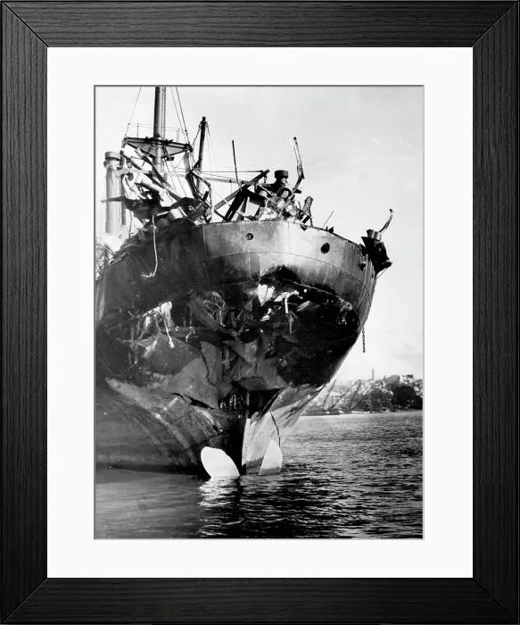 Framed Print : Battered -- Stern of the damaged freighter which reached port after being torpedoed off the NSW coast