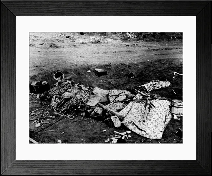 Framed Print : Marine Dead On Iwo Jima -- Wrapped in their camouflaged ponchos on the volcanic sands of Iwo Jima Framed Print : Marine Dead On Iwo Jima -- Wrapped in their camouflaged ponchos on the volcanic sands of Iwo Jima