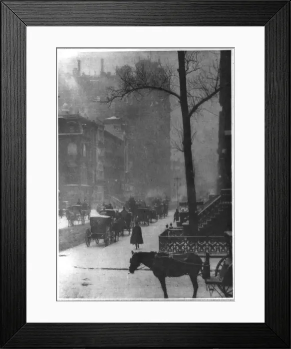 Framed Print : The street. design for a poster shows horses and carriages on snowy New York City street Framed Print : The street. design for a poster shows horses and carriages on snowy New York City street