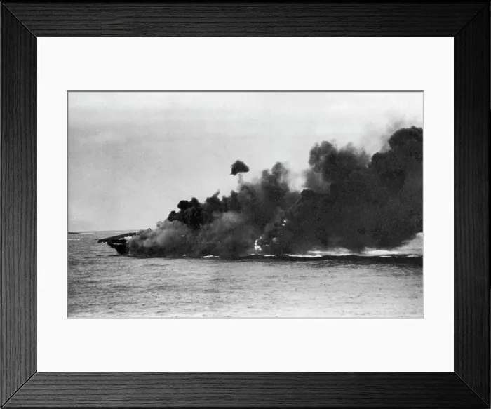 Framed Print : Aircraft Carrier Survives 'One-Two' Punch -- Hit and set aflame by Jap suiced planes Framed Print : Aircraft Carrier Survives 'One-Two' Punch -- Hit and set aflame by Jap suiced planes