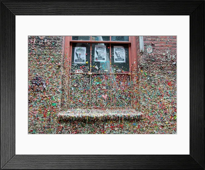 Framed Print : A window at the colorful chewing gum wall in Post Alley at the Pike Place Market in Seattle, Washington State, USA.