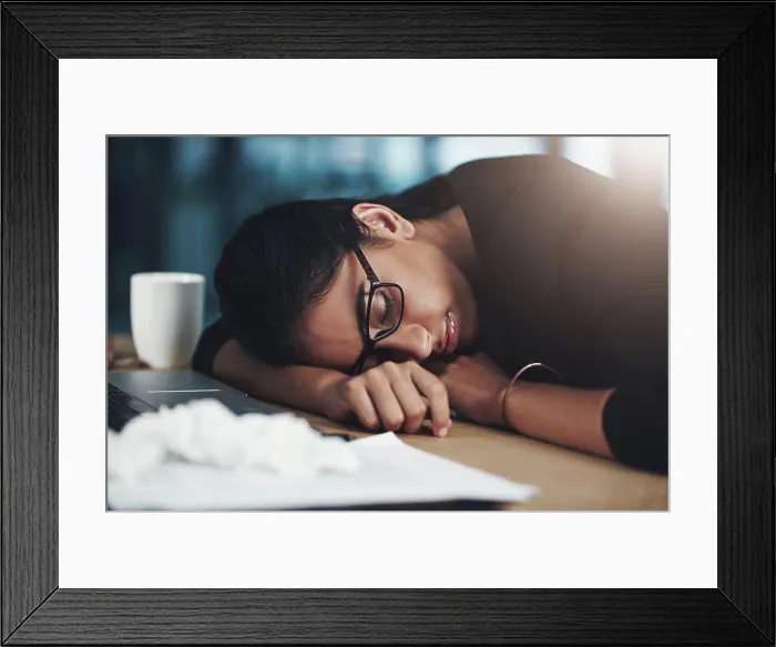 Framed Print : Business, woman and tired with sleeping in office for low energy Framed Print : Business, woman and tired with sleeping in office for low energy