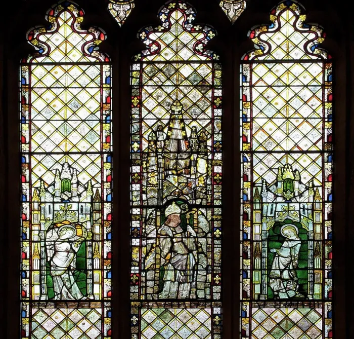 Framed Print : 14th century medieval stained glass windows in a church, Christ Church, Oxford University, Oxford, Oxfordshire, England